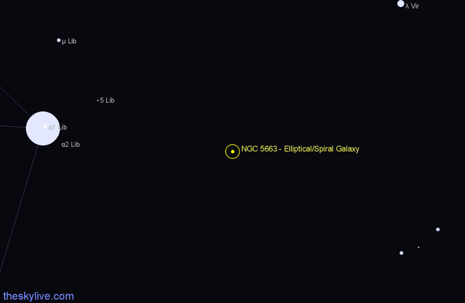 Finder chart NGC 5663 - Elliptical/Spiral Galaxy in Libra star