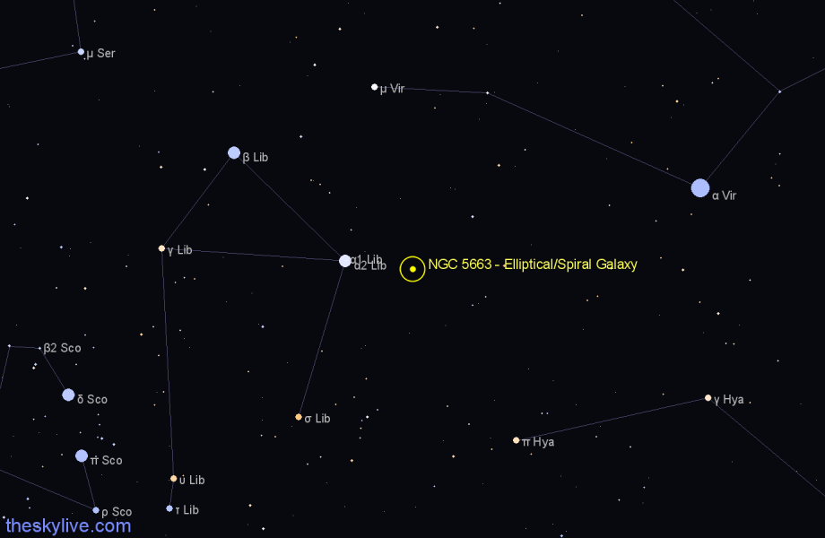 Finder chart NGC 5663 - Elliptical/Spiral Galaxy in Libra star