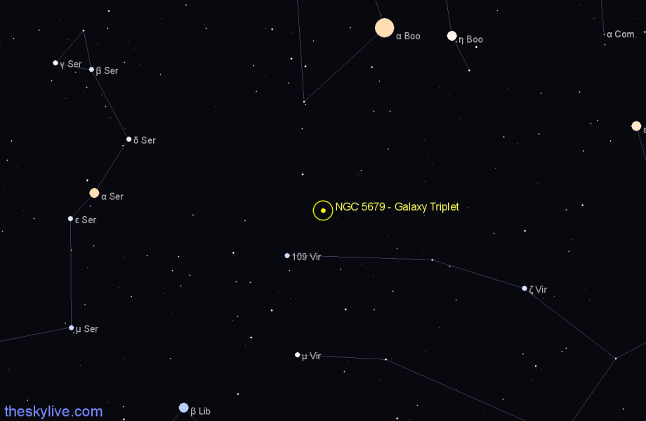 Finder chart NGC 5679 - Galaxy Triplet in Virgo star