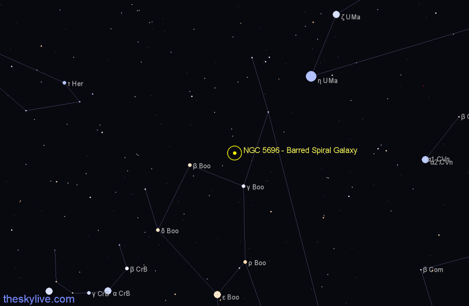 Finder chart NGC 5696 - Barred Spiral Galaxy in Boötes star