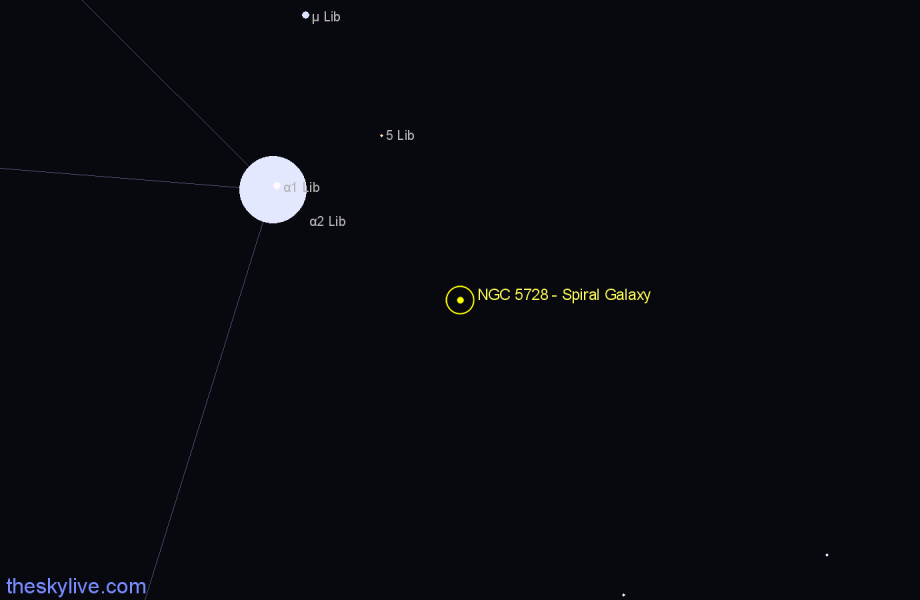 Finder chart NGC 5728 - Spiral Galaxy in Libra star