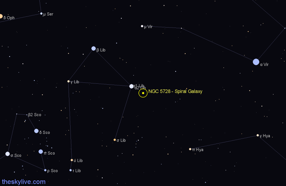 Finder chart NGC 5728 - Spiral Galaxy in Libra star