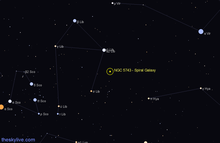 Finder chart NGC 5743 - Spiral Galaxy in Libra star