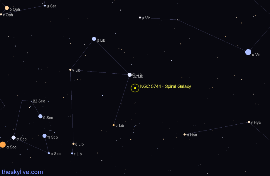 Finder chart NGC 5744 - Spiral Galaxy in Libra star