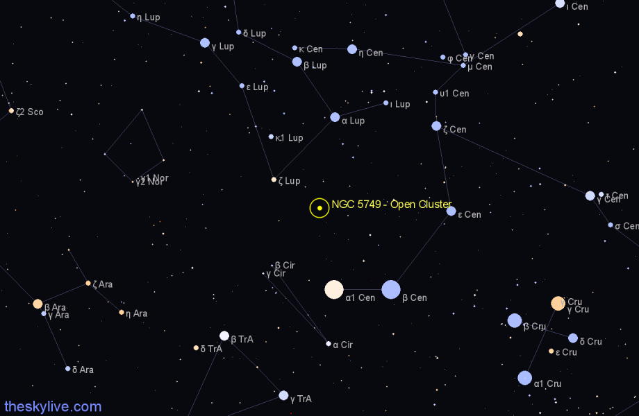 Finder chart NGC 5749 - Open Cluster in Lupus star