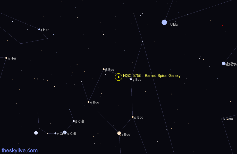 Finder chart NGC 5755 - Barred Spiral Galaxy in Boötes star