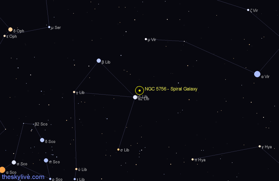 Finder chart NGC 5756 - Spiral Galaxy in Libra star