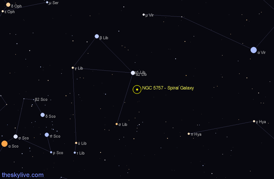 Finder chart NGC 5757 - Spiral Galaxy in Libra star