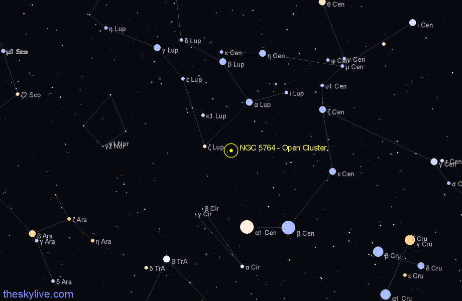 Finder chart NGC 5764 - Open Cluster in Lupus star