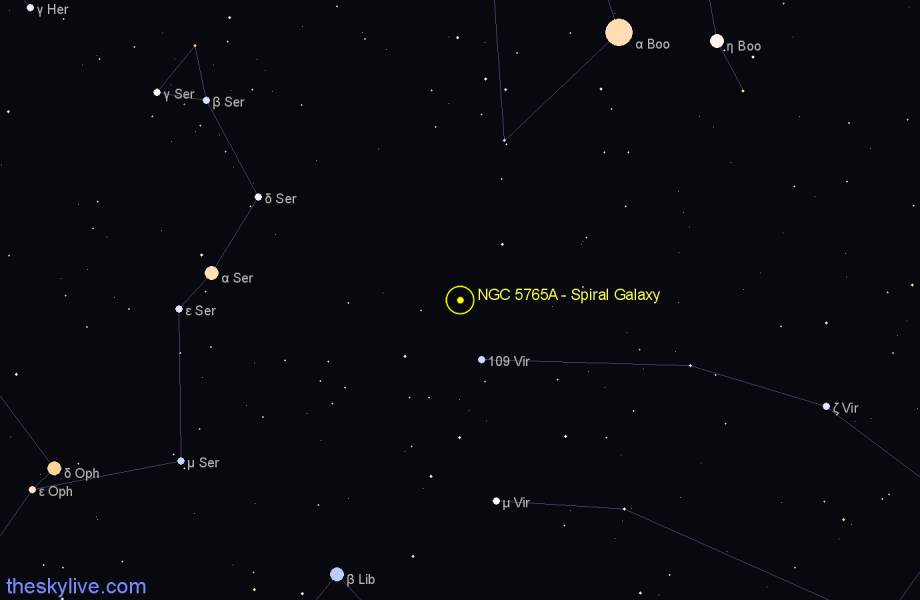 Finder chart NGC 5765A - Spiral Galaxy in Virgo star