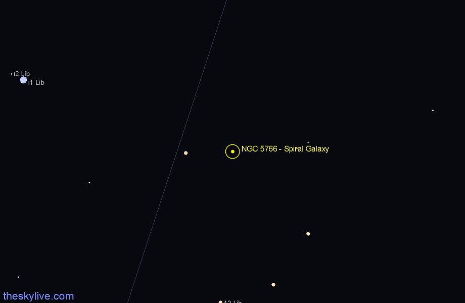 Finder chart NGC 5766 - Spiral Galaxy in Libra star