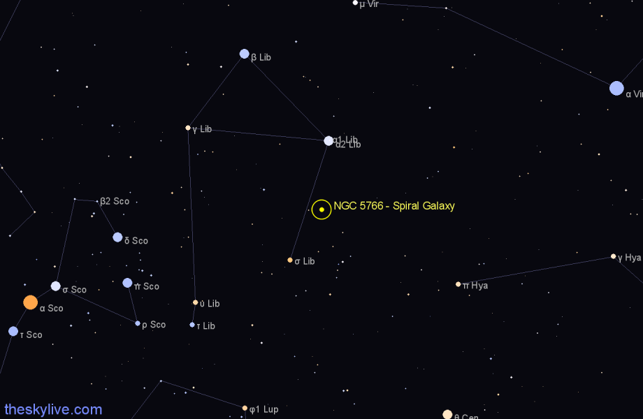 Finder chart NGC 5766 - Spiral Galaxy in Libra star