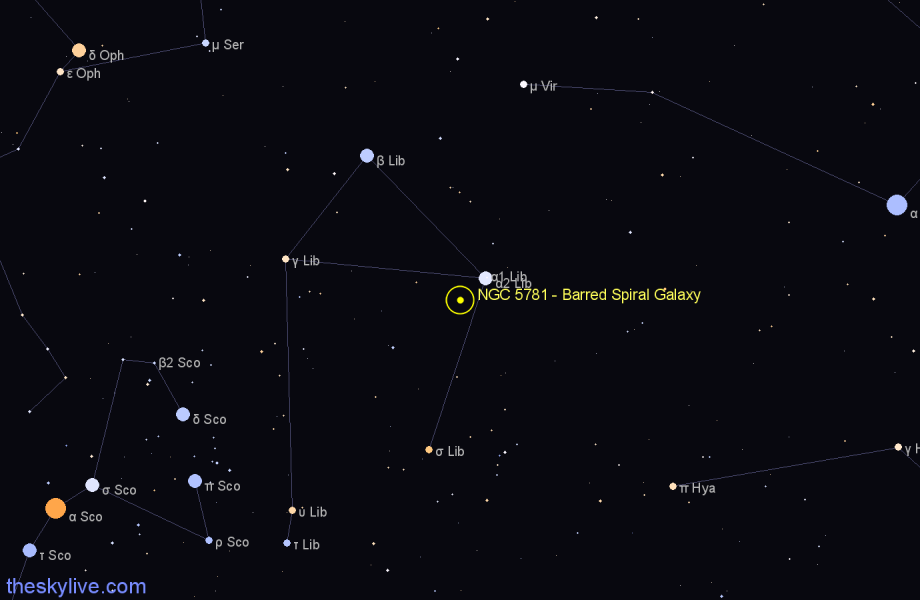 Finder chart NGC 5781 - Barred Spiral Galaxy in Libra star