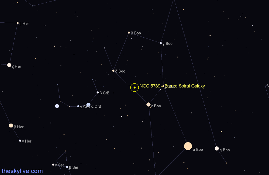 Finder chart NGC 5789 - Barred Spiral Galaxy in Boötes star