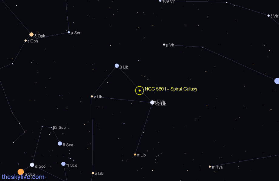 Finder chart NGC 5801 - Spiral Galaxy in Libra star