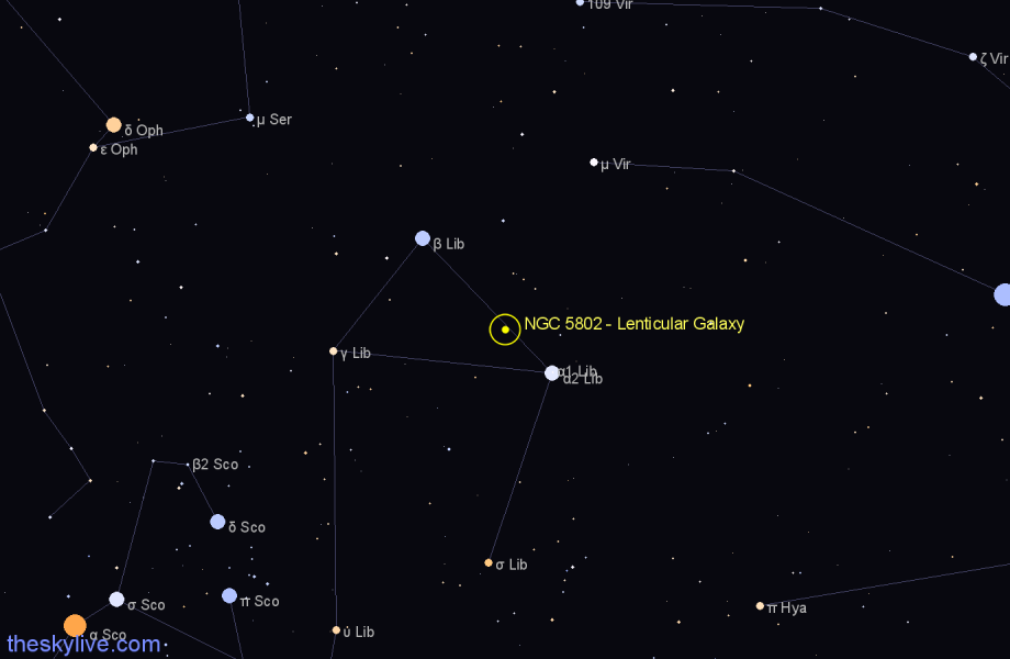 Finder chart NGC 5802 - Lenticular Galaxy in Libra star