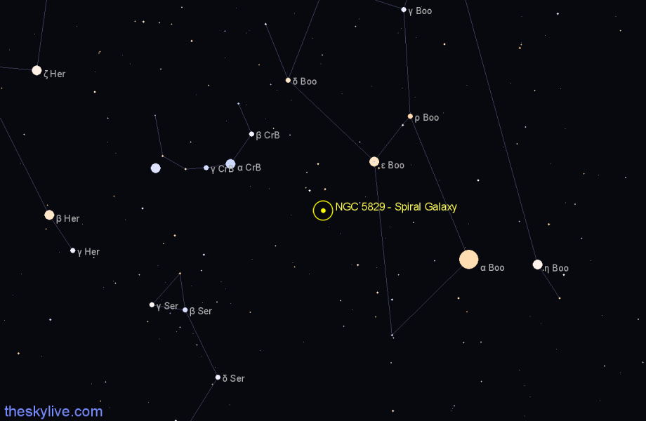 Finder chart NGC 5829 - Spiral Galaxy in Boötes star