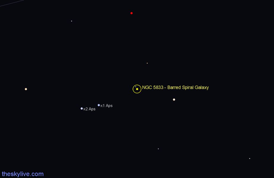 Finder chart NGC 5833 - Barred Spiral Galaxy in Apus star