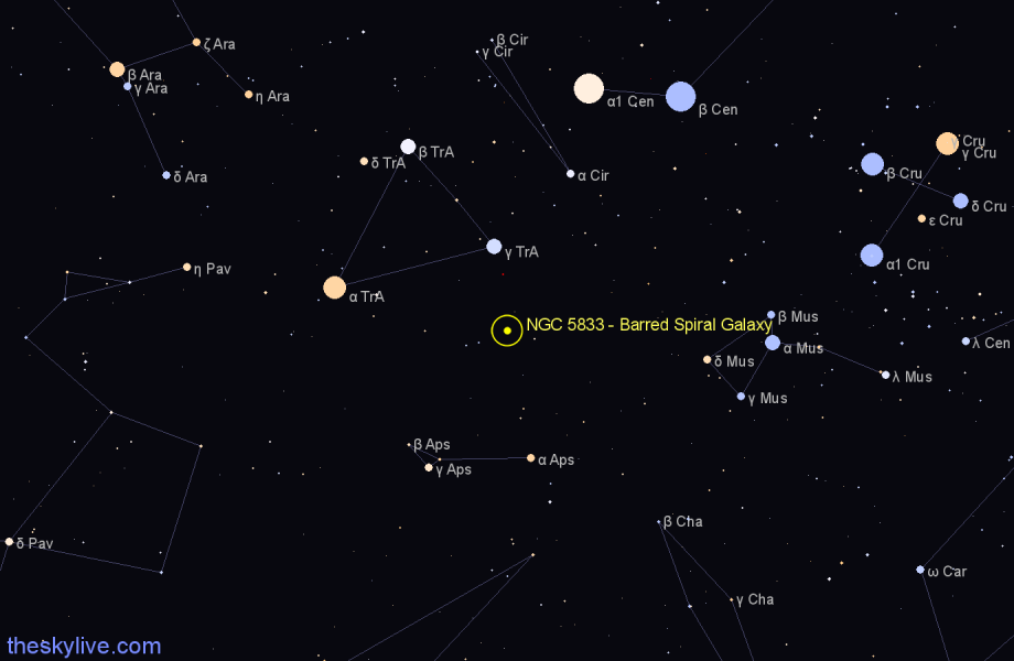 Finder chart NGC 5833 - Barred Spiral Galaxy in Apus star