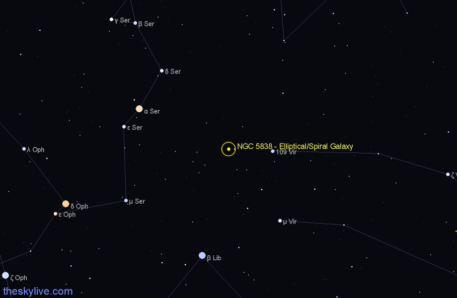 Finder chart NGC 5838 - Elliptical/Spiral Galaxy in Virgo star