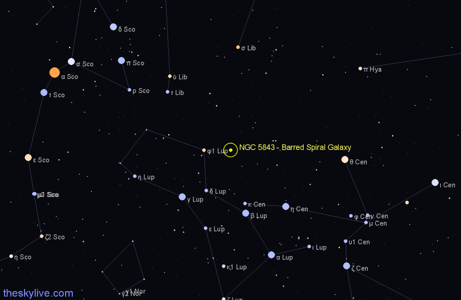 Finder chart NGC 5843 - Barred Spiral Galaxy in Lupus star