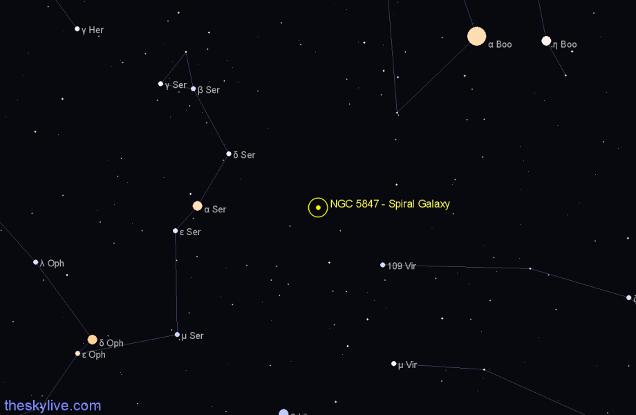 Finder chart NGC 5847 - Spiral Galaxy in Virgo star