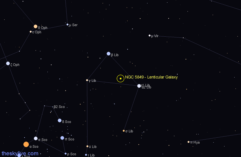 Finder chart NGC 5849 - Lenticular Galaxy in Libra star