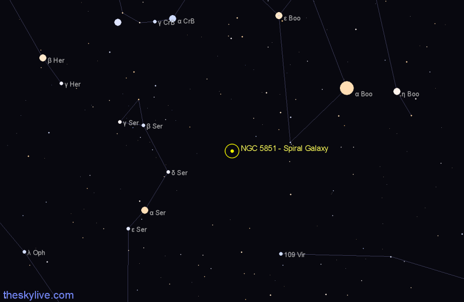 Finder chart NGC 5851 - Spiral Galaxy in Boötes star