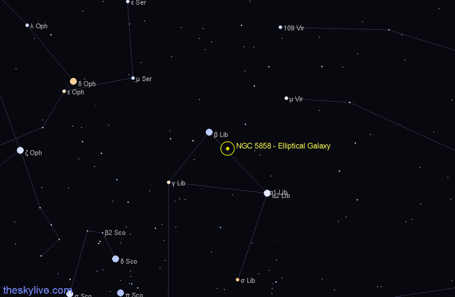 Finder chart NGC 5858 - Elliptical Galaxy in Libra star