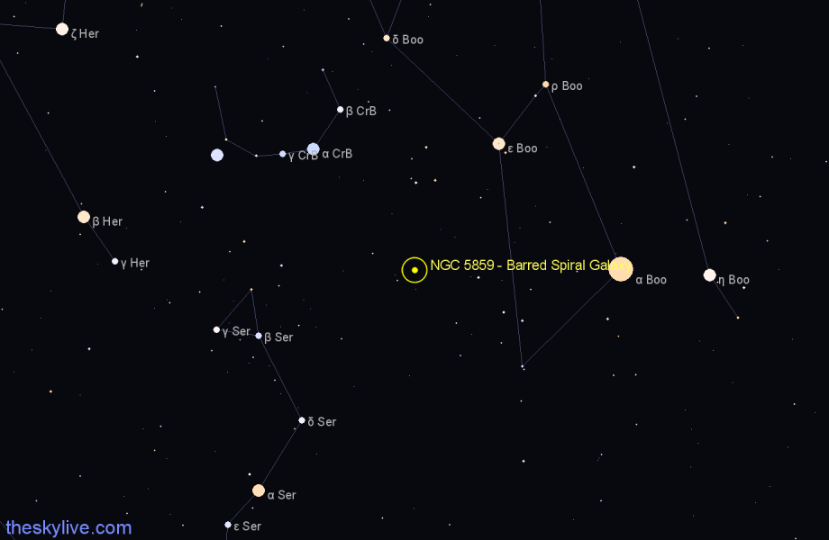 Finder chart NGC 5859 - Barred Spiral Galaxy in Boötes star