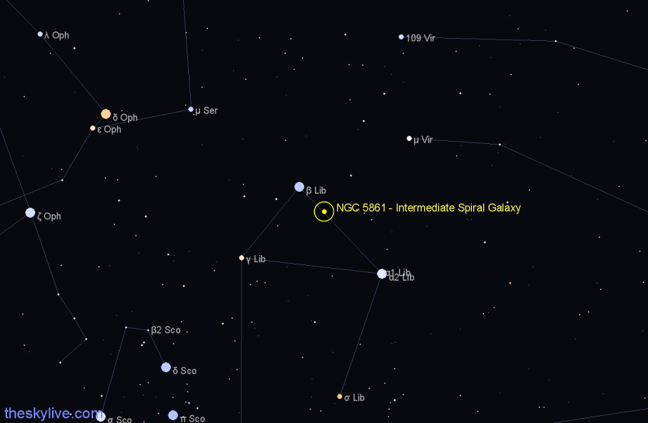 Finder chart NGC 5861 - Intermediate Spiral Galaxy in Libra star