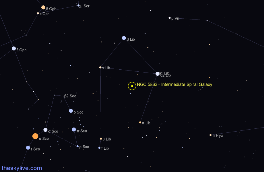 Finder chart NGC 5863 - Intermediate Spiral Galaxy in Libra star