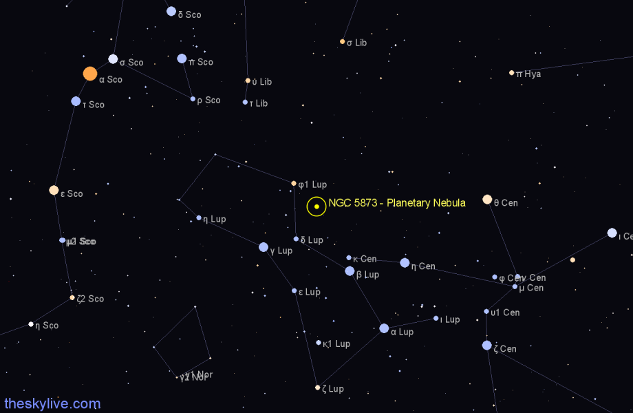 Finder chart NGC 5873 - Planetary Nebula in Lupus star