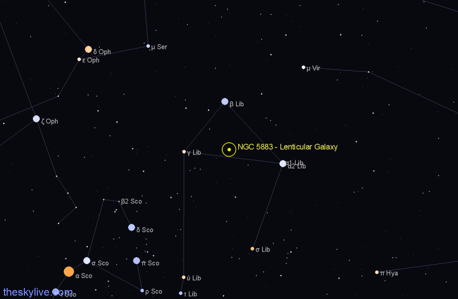 Finder chart NGC 5883 - Lenticular Galaxy in Libra star