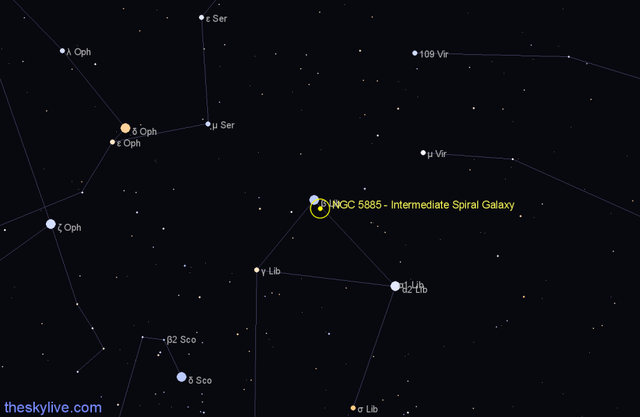 Finder chart NGC 5885 - Intermediate Spiral Galaxy in Libra star