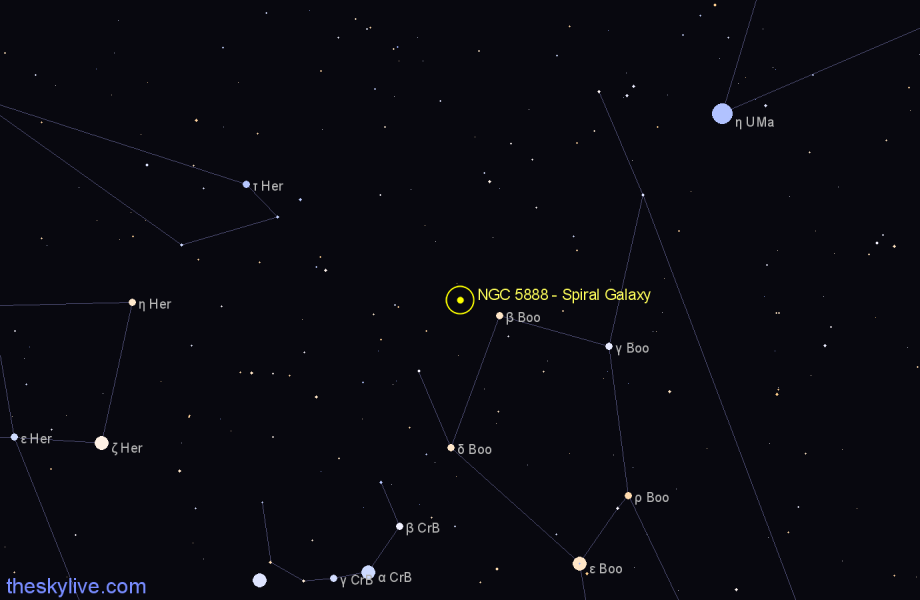 Finder chart NGC 5888 - Spiral Galaxy in Boötes star