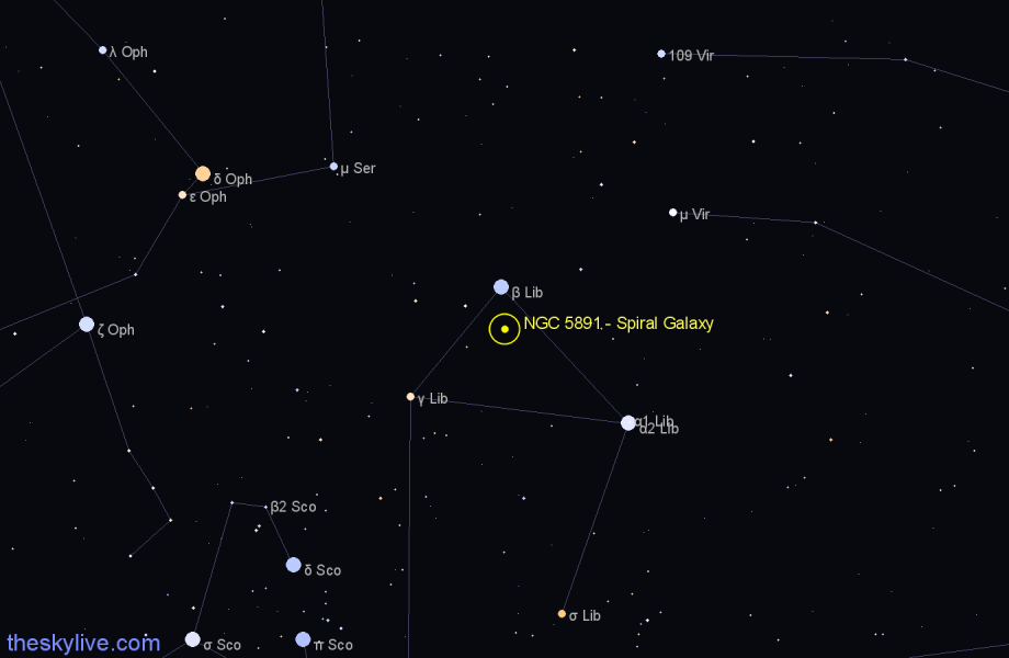 Finder chart NGC 5891 - Spiral Galaxy in Libra star