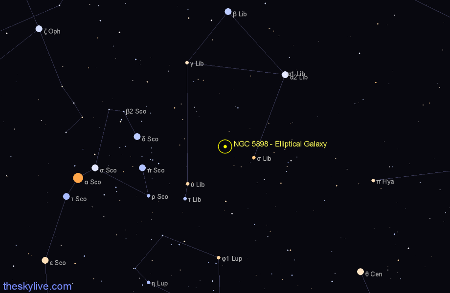 Finder chart NGC 5898 - Elliptical Galaxy in Libra star