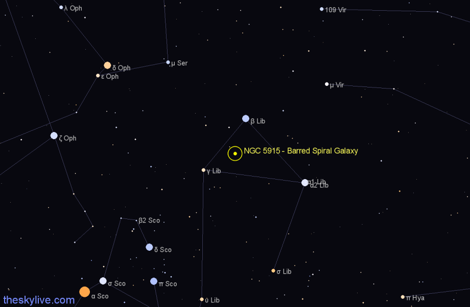 Finder chart NGC 5915 - Barred Spiral Galaxy in Libra star