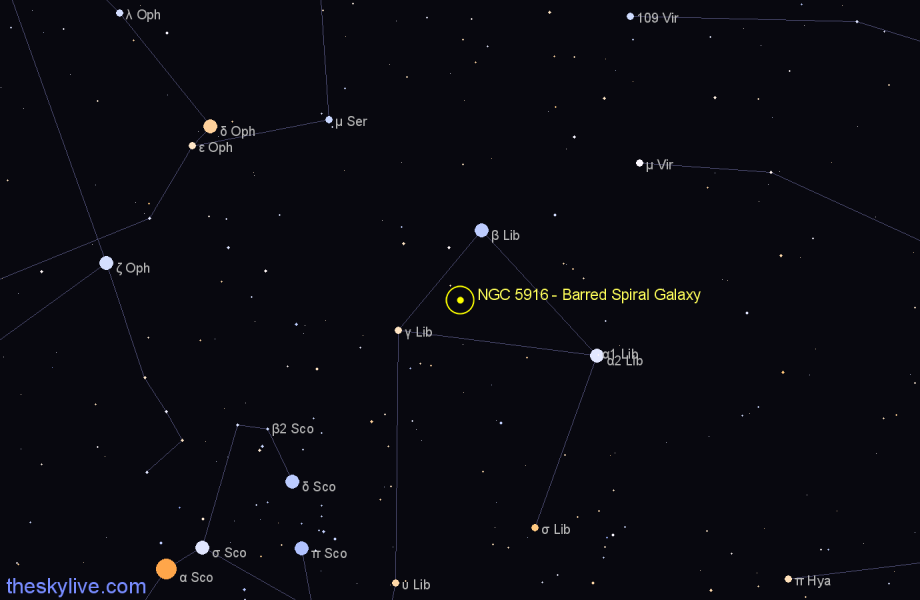 Finder chart NGC 5916 - Barred Spiral Galaxy in Libra star