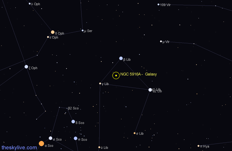Finder chart NGC 5916A - Galaxy in Libra star