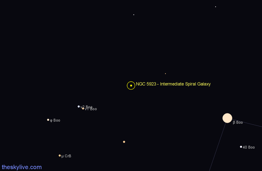 Finder chart NGC 5923 - Intermediate Spiral Galaxy in Boötes star