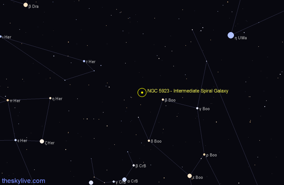 Finder chart NGC 5923 - Intermediate Spiral Galaxy in Boötes star