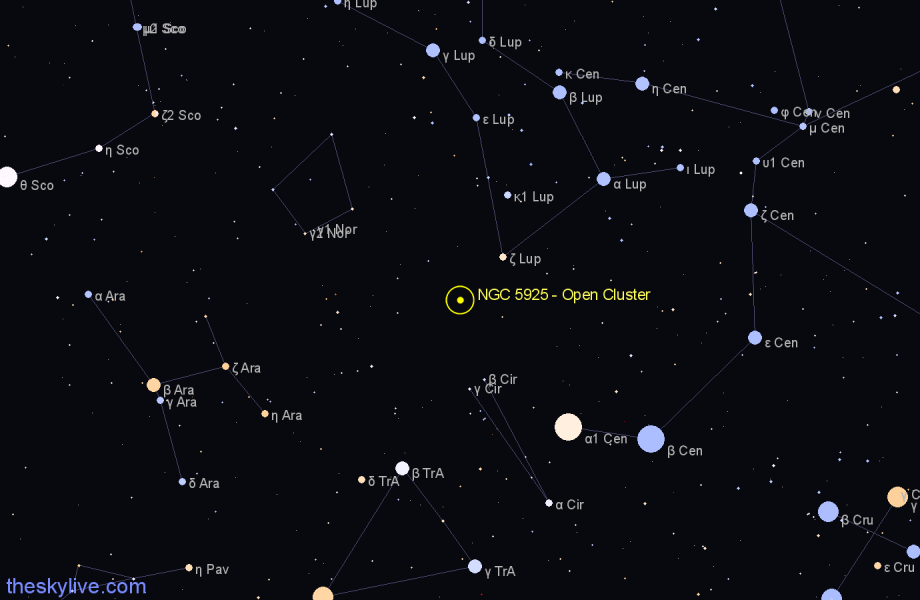 Finder chart NGC 5925 - Open Cluster in Norma star