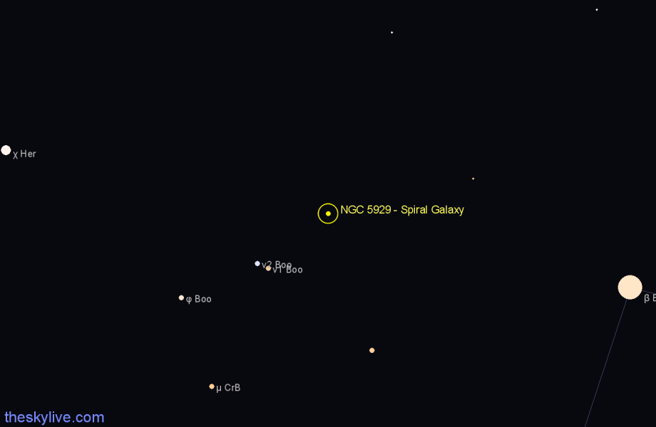 Finder chart NGC 5929 - Spiral Galaxy in Boötes star