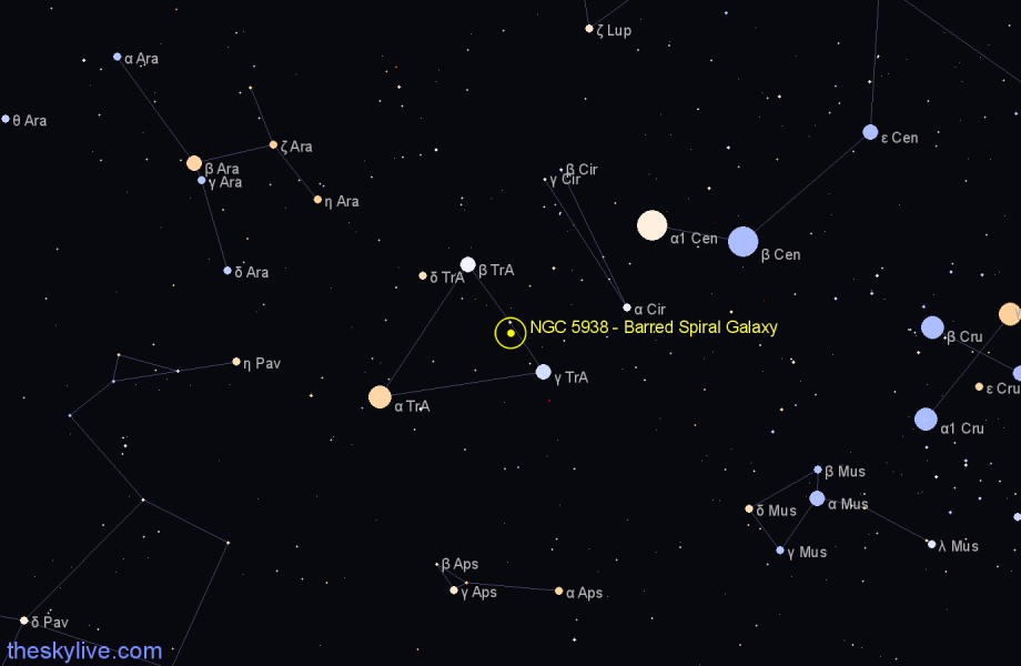 Finder chart NGC 5938 - Barred Spiral Galaxy in Triangulum Australe star