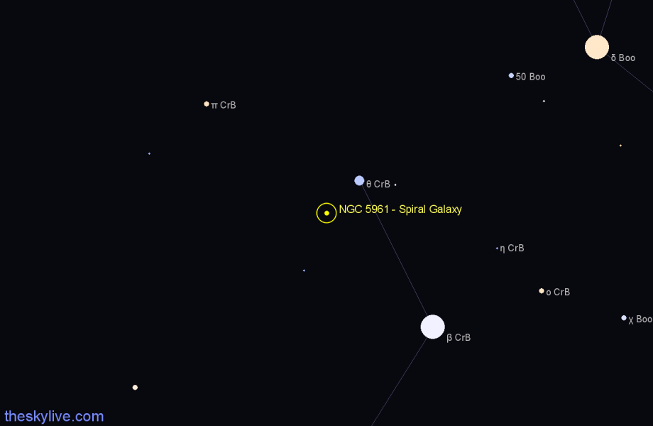 Finder chart NGC 5961 - Spiral Galaxy in Corona Borealis star