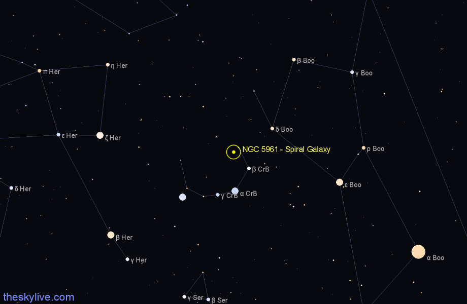 Finder chart NGC 5961 - Spiral Galaxy in Corona Borealis star