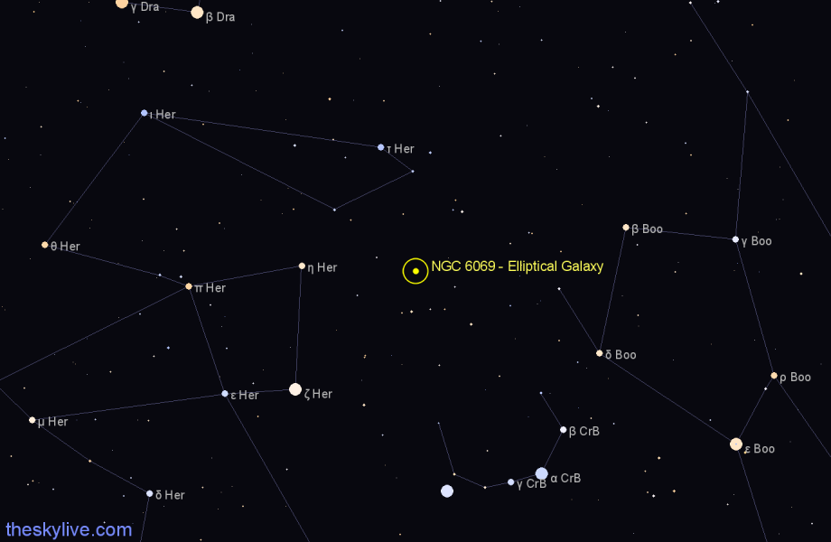 Finder chart NGC 6069 - Elliptical Galaxy in Corona Borealis star