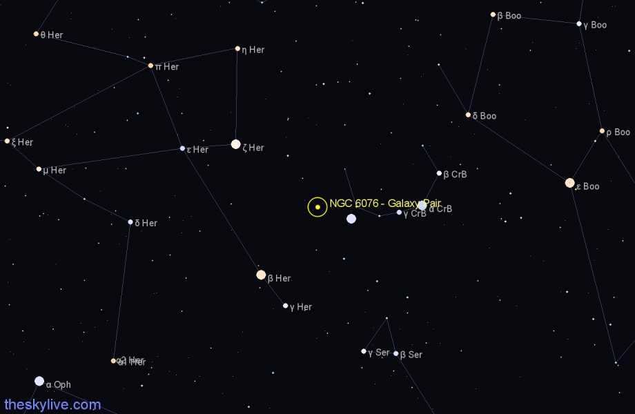 Finder chart NGC 6076 - Galaxy Pair in Corona Borealis star